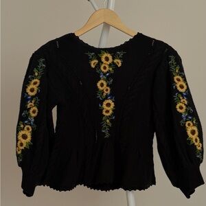 Embroidered Black Knit Top with Sunflower Design